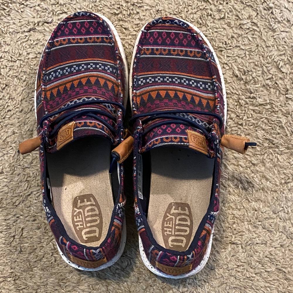 Hey Dude Women’s Navy, Orange, Pink & Brown Patterned Slip-Ons